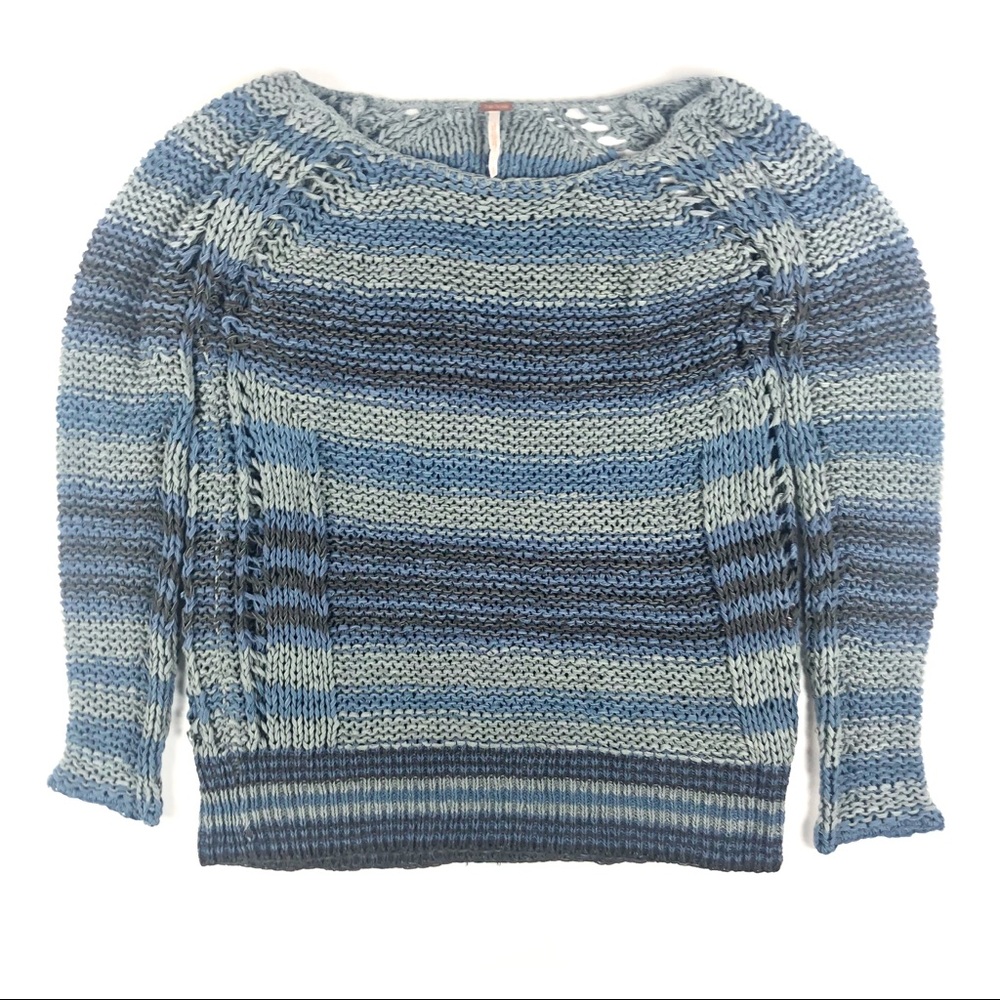 Free People Desert Moon Indigo Tape Yarn Slouchy Striped Sweater Size Small